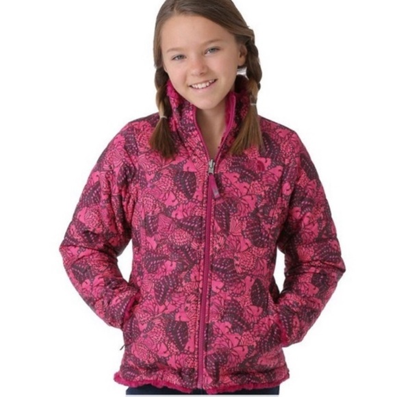 The North Face Girl's Puffer Jacket Mossbud Reversible Butterfly Pink L 14-16 - Picture 1 of 11